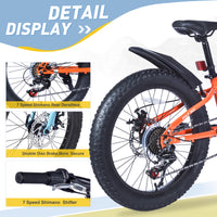 24 Inch Bicyclesfat Tire Mountain Bike For Boys And Girls Age 10 Years ,Dual Disc Brake,Shimano 7 Speed ,Kids Beach And Snow Bicycle Orange Steel