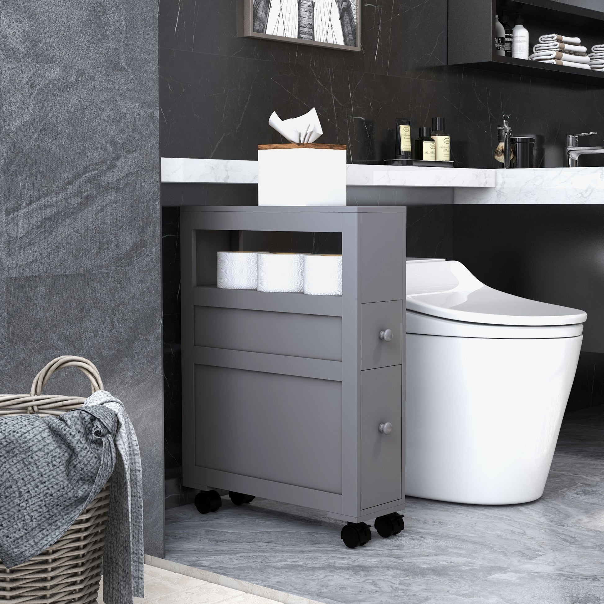 Homcom 6.25" X 20.5" X 28.25" Wood Rolling Narrow Bathroom Side Storage Cabinet Gray Grey Mdf