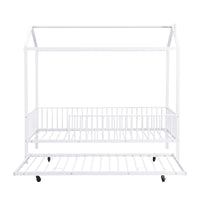 Twin Size Metal House Bed With Fence, With Trundle, White Twin White Metal