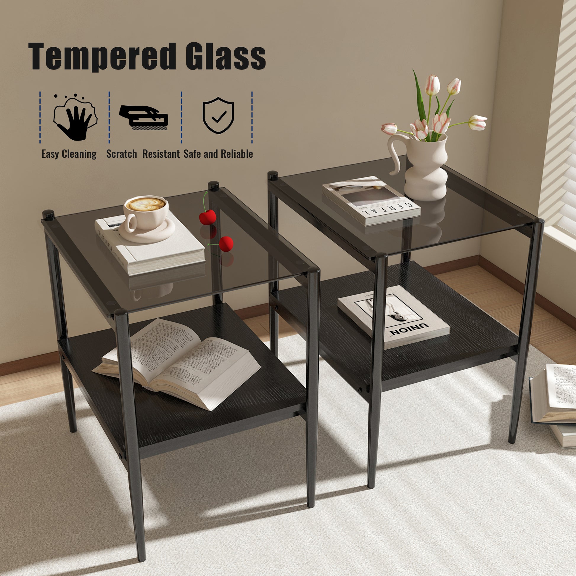 Coffee Table And End Tables Set Of 3, Tempered Glass Table With Mdf Layer, Modern Tables For Living Roomgray Glass Gray Tempered Glass