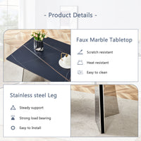 Table And Chair Set.63"X31.5X30" Black Marble Patterned Slabs Tabletop With Stainless Steel Butterfly Legs.Paried With 6 Dark Gray High Quality Pu Chairs With Silver Metal Legs. Dark Gray,Silver