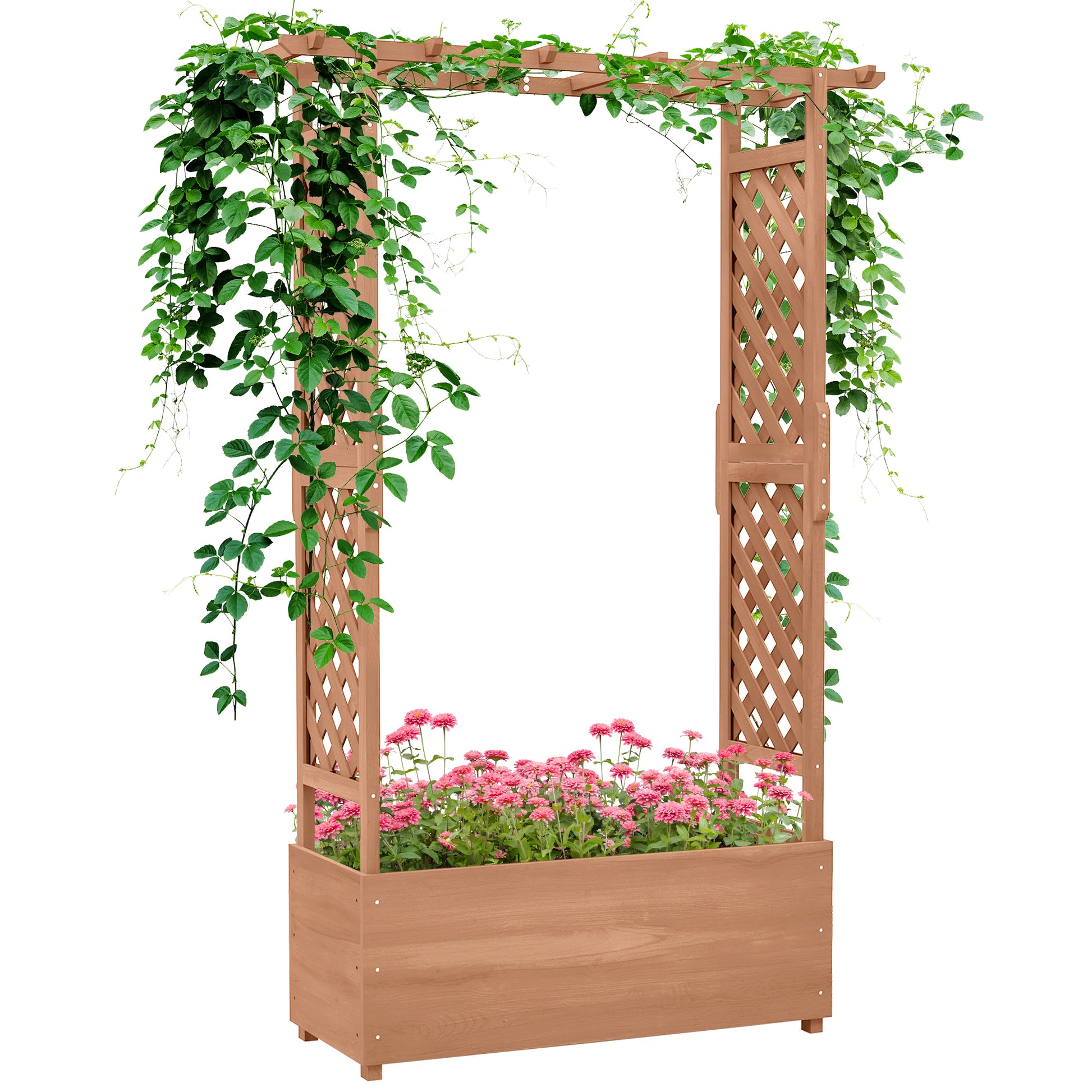 Outsunny Raised Garden Bed With Arch Trellis For Vine Climbing Plants, Hanging Flowers, 70.75" Tall Outdoor Wood Planter Box With Drainage Hole & Fabric Filter For Backyard, Patio, Brown Brown Wood