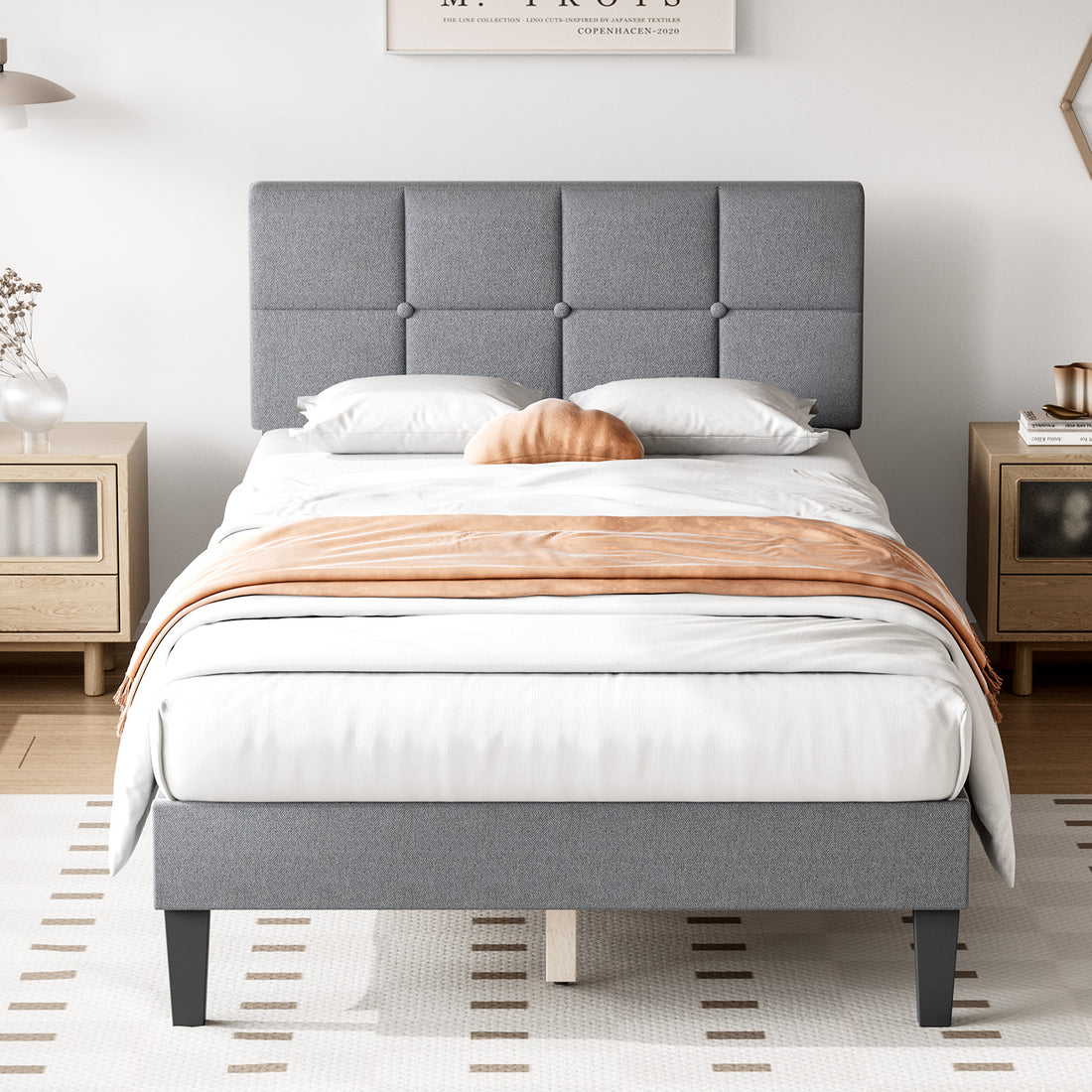 Queen Size Bed Frame Linen Upholstered Platform Bed With Headboard, No Box Spring Needed With 800Lbs Solid Wooden Slats Support, No Noise, Easy Assembly, Grey Gray Metal & Wood