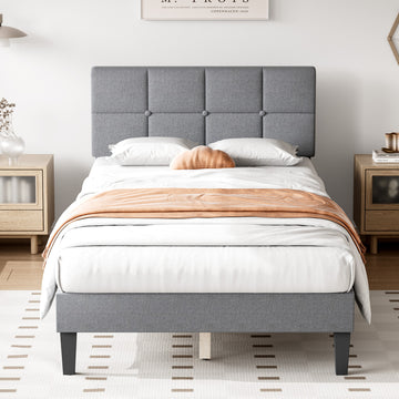 Queen Size Bed Frame Linen Upholstered Platform Bed With Headboard, No Box Spring Needed With 800Lbs Solid Wooden Slats Support, No Noise, Easy Assembly, Grey Gray Metal & Wood