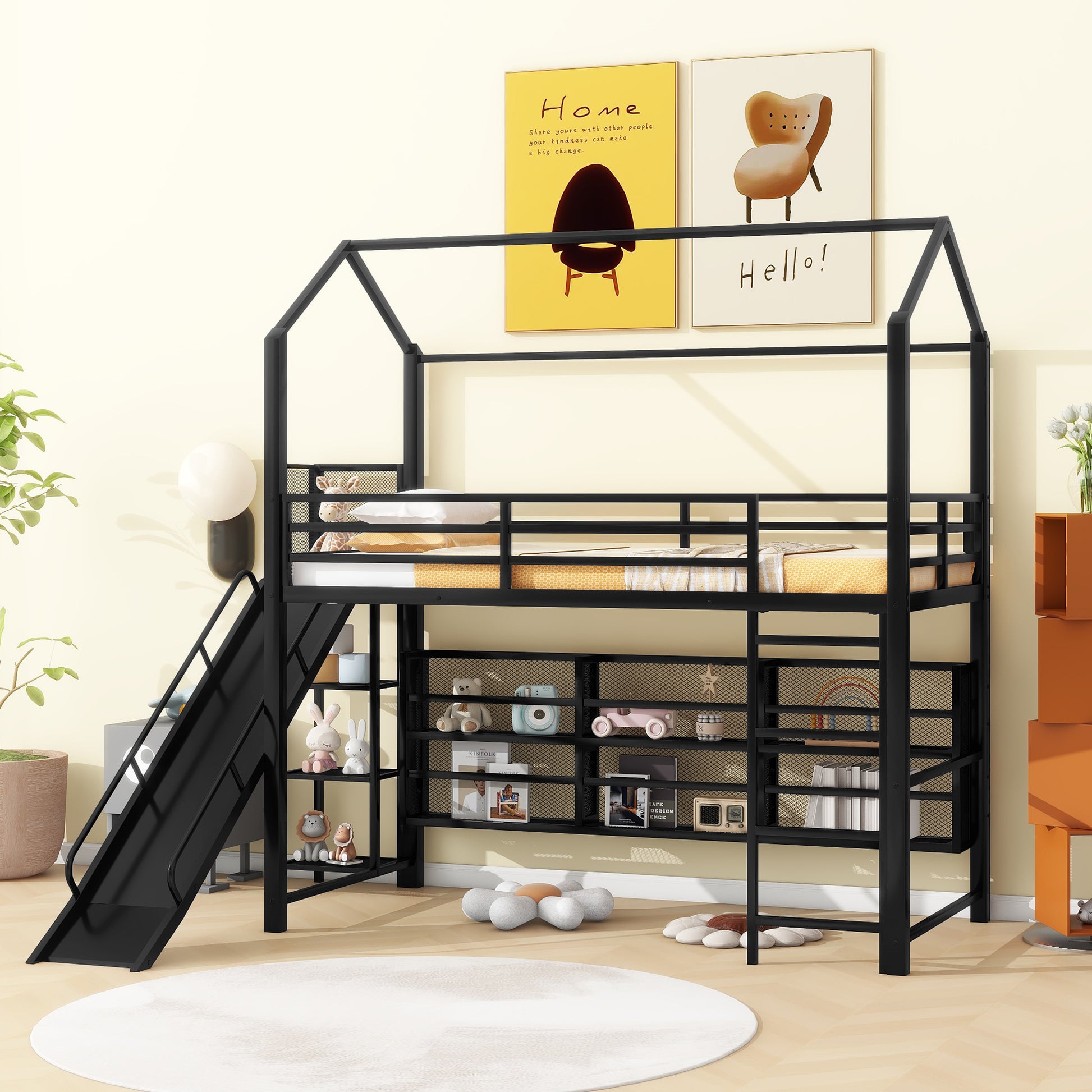 Twin Size House Metal Loft Bed With Iron Mesh Shelves And Slide,Black Black Metal