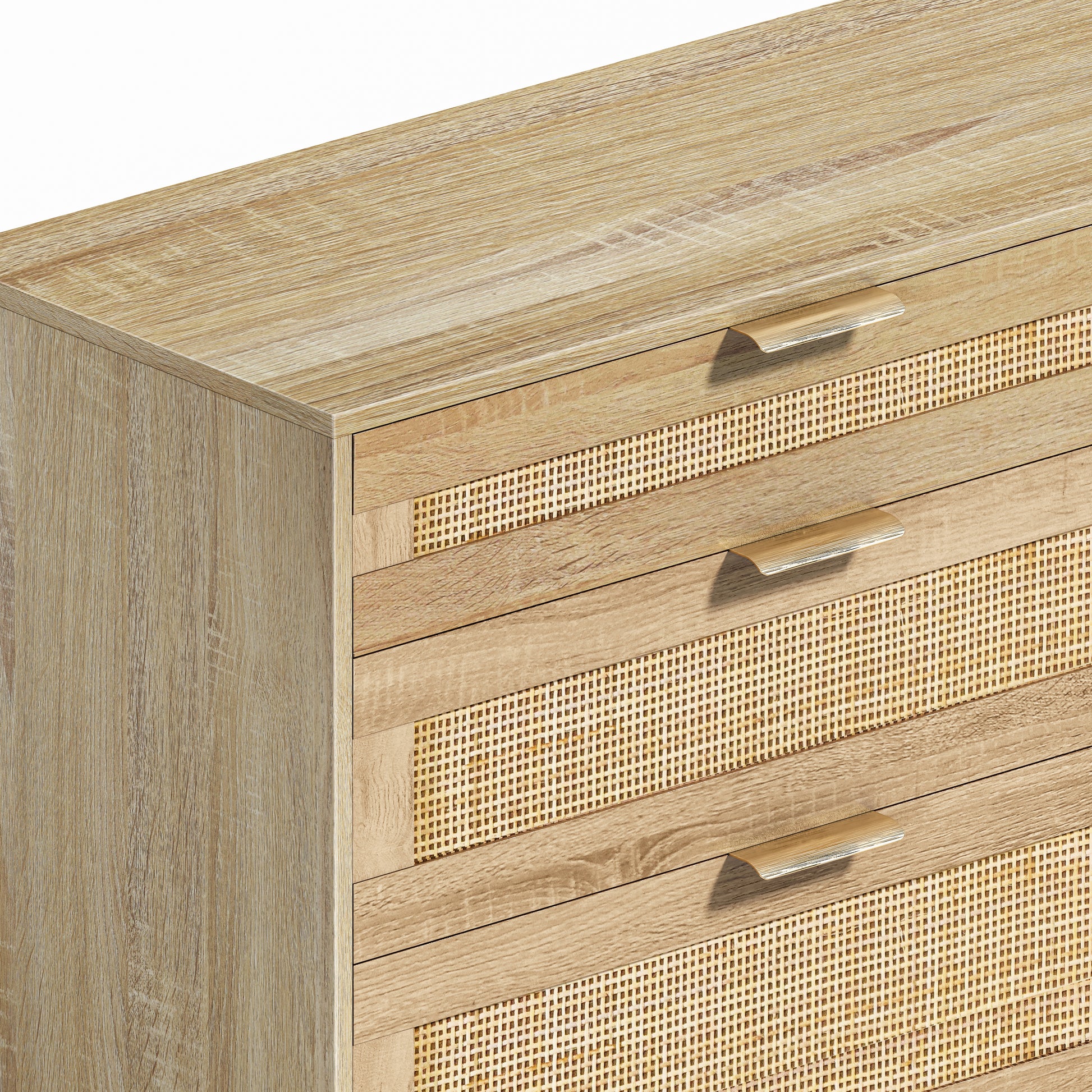 59" Rattan Dresser With Drawers, 6 Drawer Dresser For Bedroom, Clothes Storage Cabinet For Bedroom, Metal Handle&Wood Legs For Hallway, Living Room, Bedroom,Natural Natural Mdf Metal