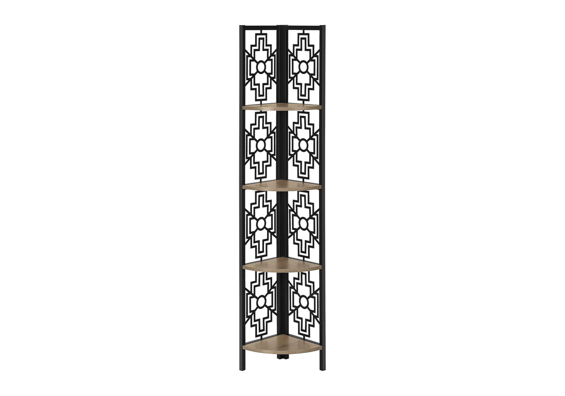 Bookshelf, Bookcase, Etagere, Corner, 4 Tier, 62"H, Office, Bedroom, Brown Laminate, Black Metal, Transitional Taupe Metal