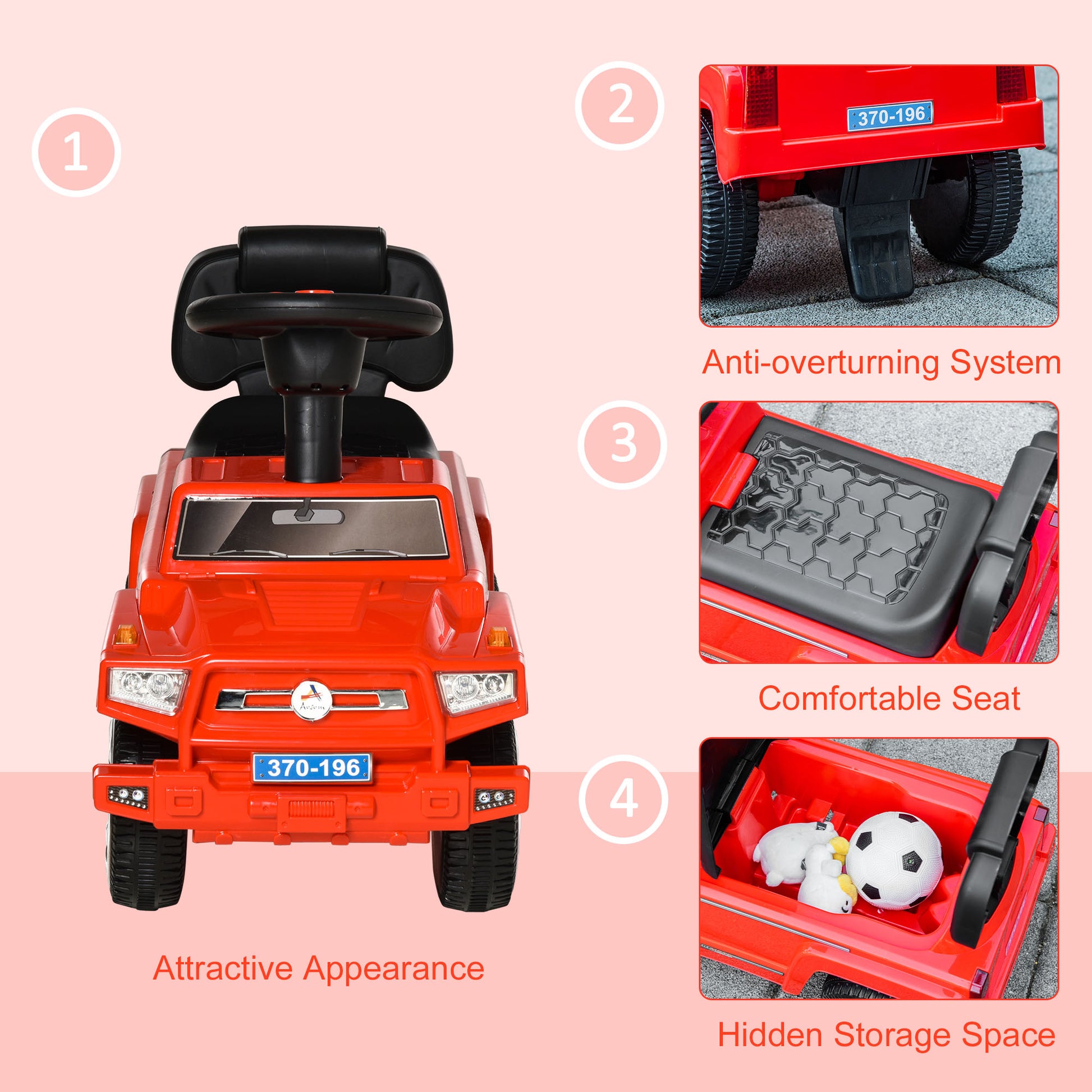 Aosom Kids Ride On Push Car, Suv Style Sliding Walking Car For Toddle With Horn, Music, Working Lights, Hidden Storage And Anti Dumping System, Red Red Plastic