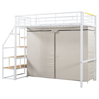 Twin Size Metal Loft Bed With Wardrobe And Storage Shelves, White Box Spring Not Required Twin White Metal Mdf Metal