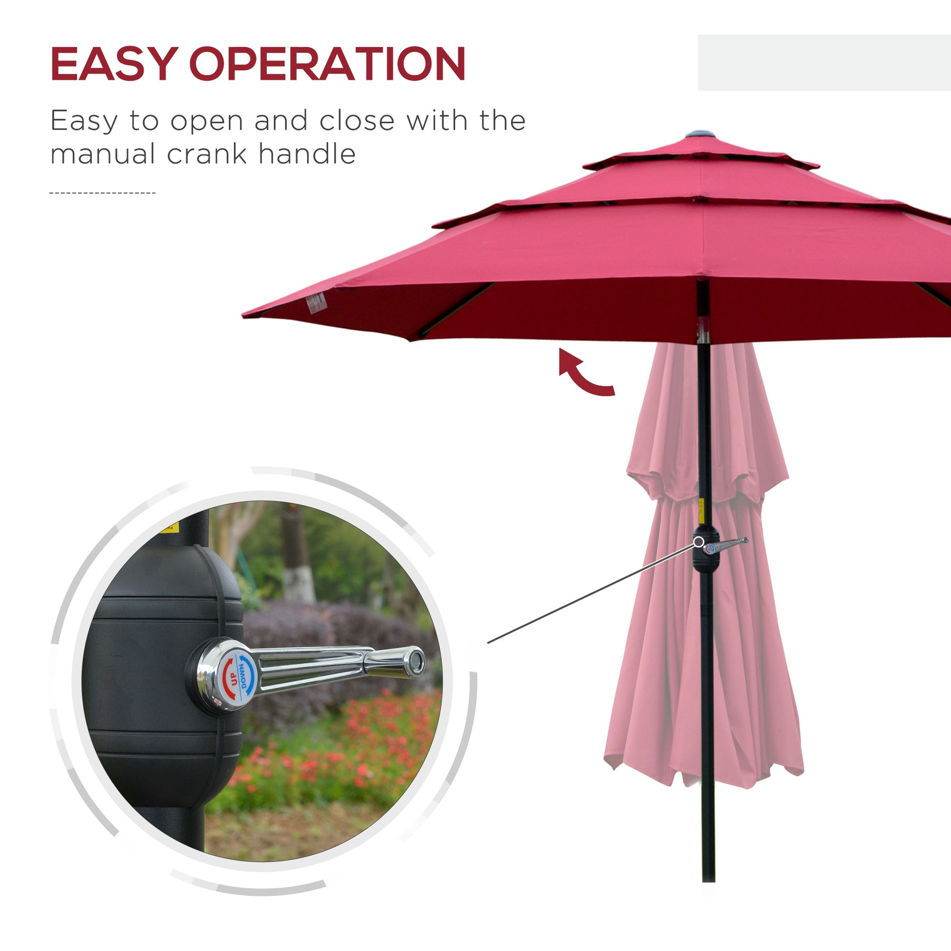 Outsunny 9Ft 3 Tiers Patio Umbrella Outdoor Market Umbrella With Crank, Push Button Tilt For Deck, Backyard And Lawn, Wine Red Wine Red Polyester