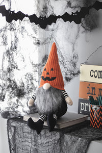 8.3X4.7X23.5" Fabric Sitting Gnome With Orange Knit Hat, For Halloween Decor Black,Orange,White Polyester