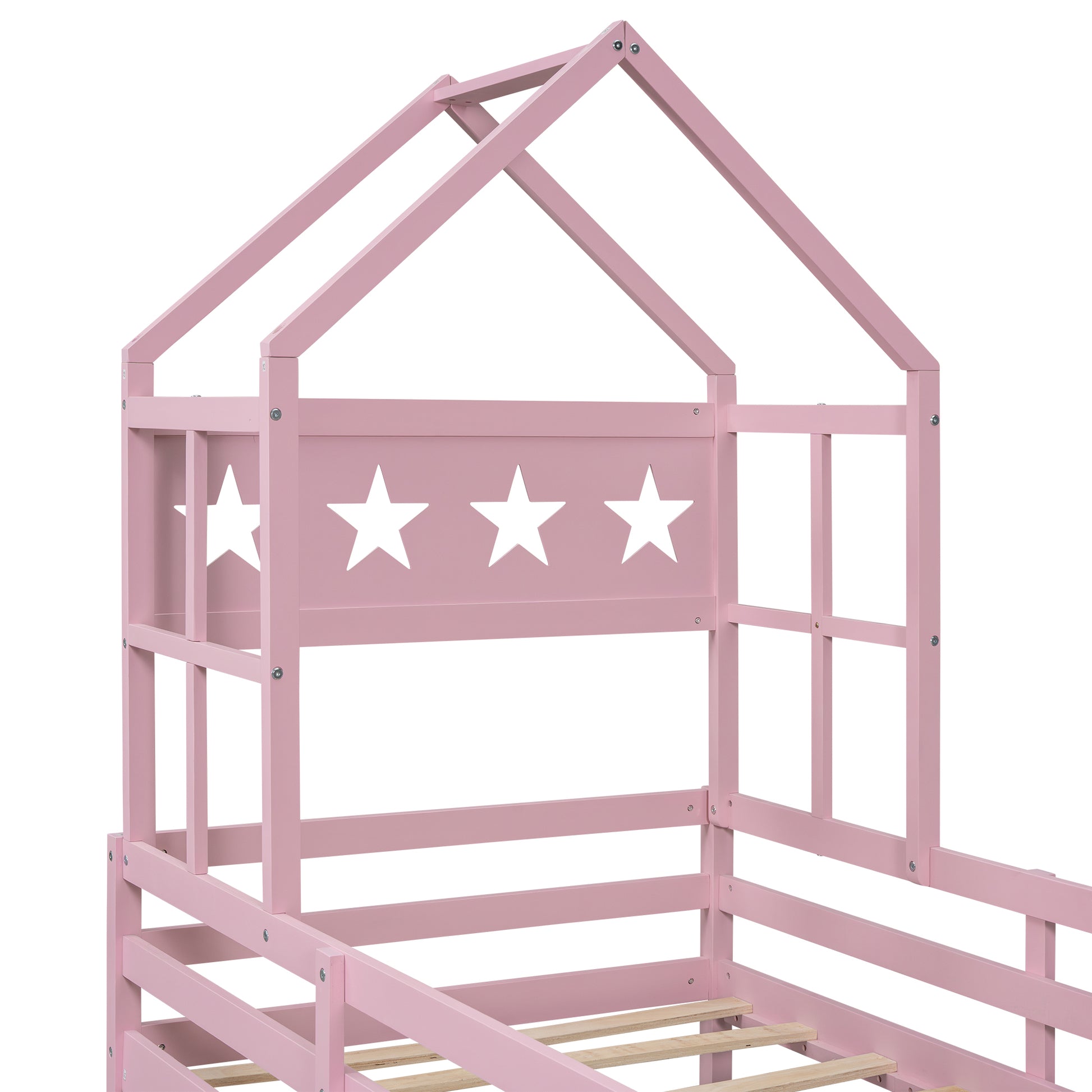 Wood Twin Size House Platform Bed With Guardrail And Drawer, Pink Box Spring Not Required Twin Pink Wood Bedroom Bed Frame Solid Wood Mdf