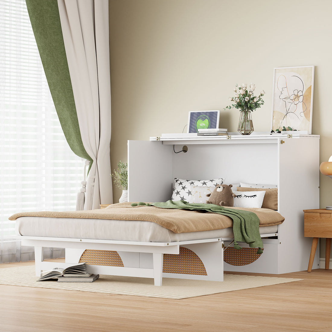 Full Size Murphy Bed With Large Drawer,Usb Ports And Outlets,White Full White Plywood