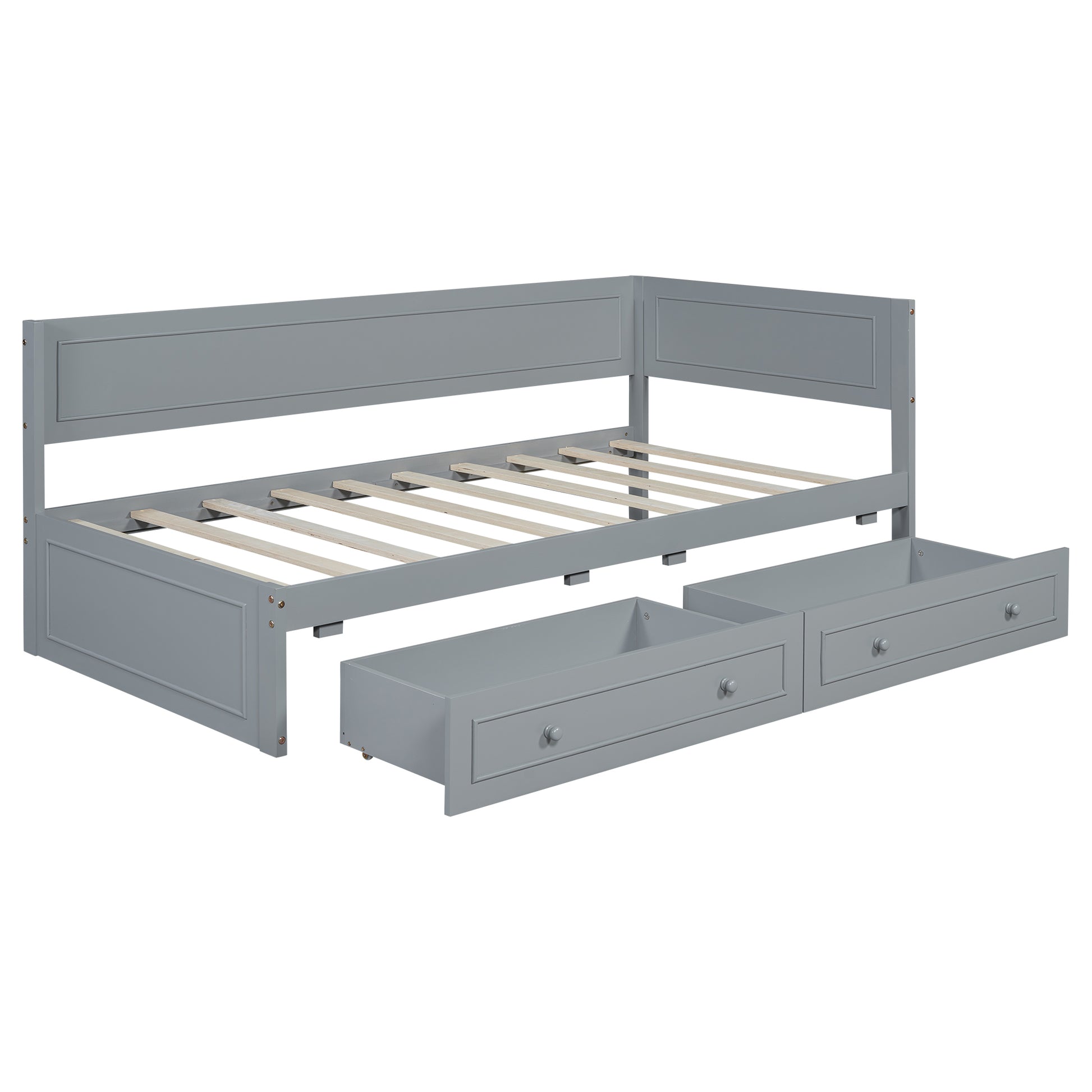 Twin Size Wood Daybed With 2 Drawers And Guardrail, Gray Gray Solid Wood Mdf