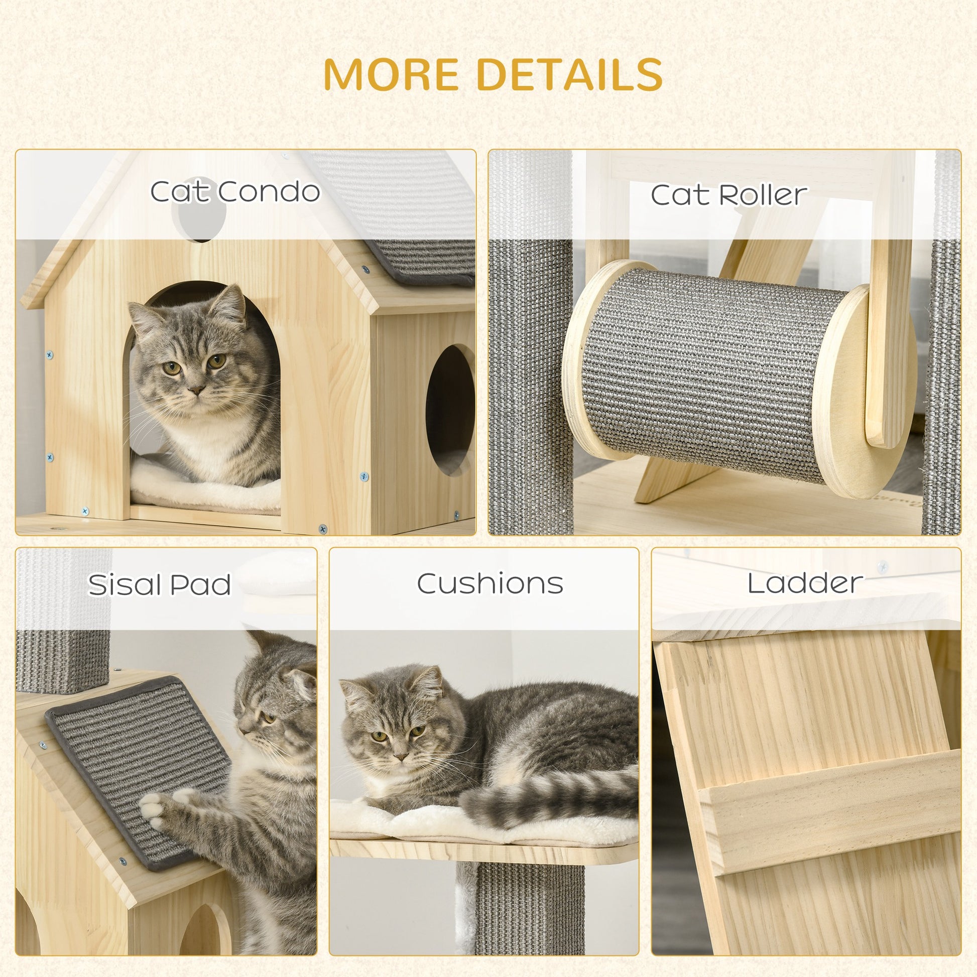 Pawhut Cozy House Cat Tree For Indoor Cats With Pillow Covered Perches, Spinning Toy, Modern Climbing Activity Cat Tower With Scratching Posts, Cat Condo, Ladder, Natural Natural Wood Pine