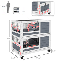 Pawhut Indoor Rabbit Hutch With Wheels, 2 Tier Rabbit Cage, 35.5" Wooden Guinea Pig Cage With Feeding Trough, Removable Trays, Ramps & Openable Top For 1 2 Rabbits, Gray Gray Wood