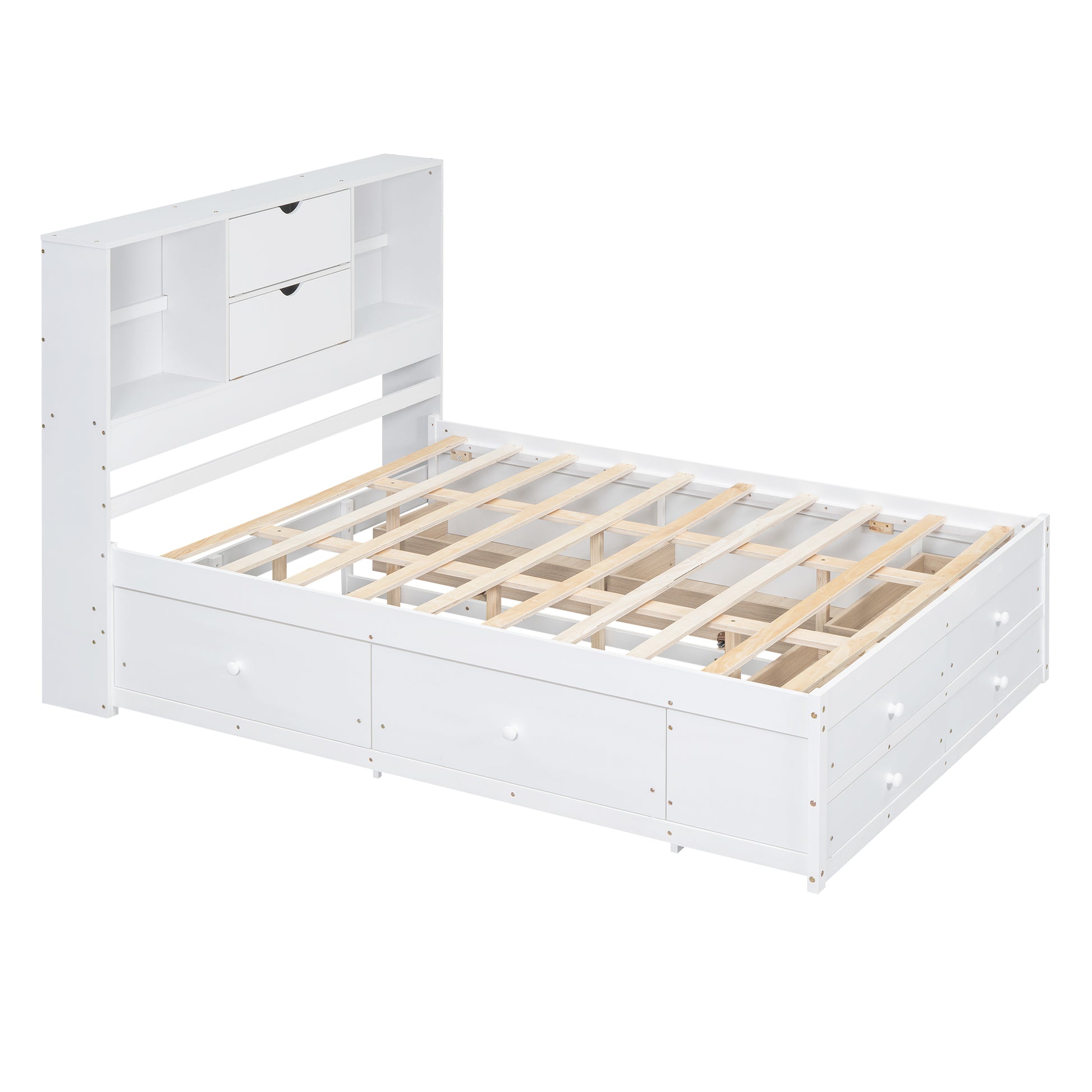 Queen Size Platform Bed With Storage Headboard And 8 Drawers, White Box Spring Not Required Queen White Wood Bedroom Bed Frame Solid Wood Mdf