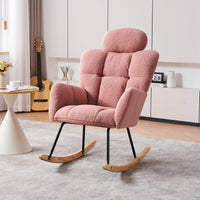 055 Teddy Fabric Upholstered Nursery Rocking Glider Chair Mid Century Modern Accent Arm Chair Padded Seat With High Backrest And Pillows For Living Room Bedroom Offices Pink Teddy Headrest Solid