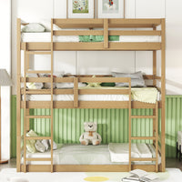 Triple Rubber Wood Bunk Bed With Two Built In Ladders, Guardrails, Twin Over Twin Over Twin, Detachable Triple Twin Bunk Bed,White Oak Twin White Oak Bedroom American Design Bed Frame Rubber Wood