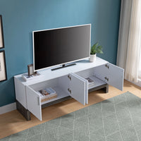 Tv Stand In White & Distressed Grey With Four Door Cabinets, Metal Hinges, And Sturdy Wooden Leg Platform White Charcoal 60 69 Inches Mdf