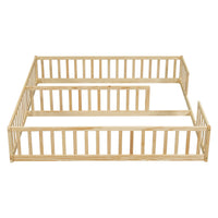 Double Twin Floor Bed With Fence, Guardrails, Without Door, Natural Twin Natural American Design Pine