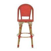 29.5" Outdoor Pe Rattan And Aluminum French Barstools, Set Of 2, Red And Bamboo Finish No Red Rust Resistant Frame Garden & Outdoor French 2 Person Seating Group Aluminum,Wicker