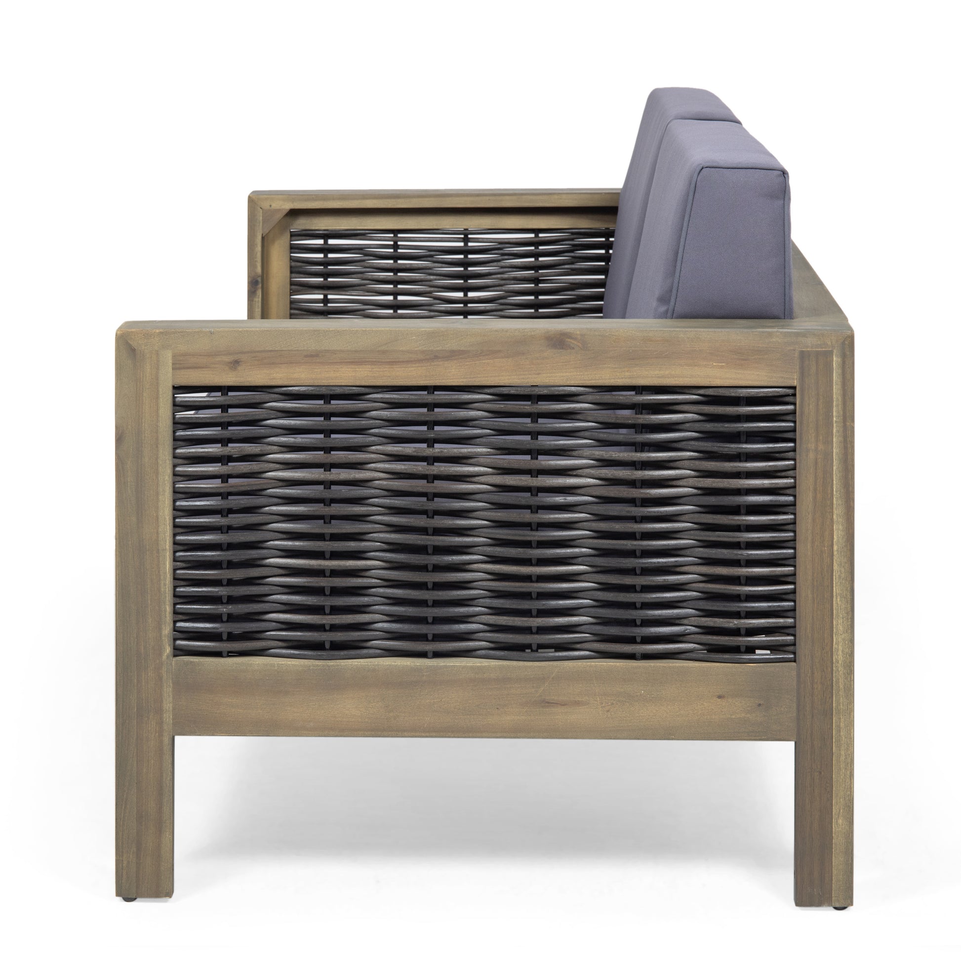 Outdoor 4 Seater Acacia Wood Chat Set With Wicker Accents And Cushions, Gray Mixed Gray Dark Gray Gray Acacia Wood