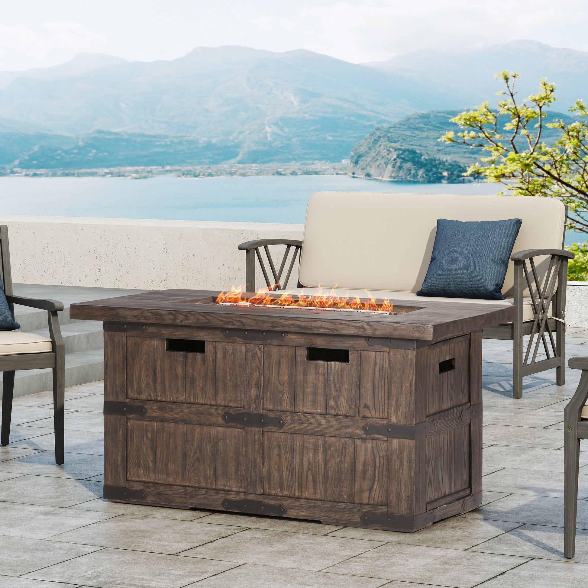 Andrew Rectangle Fire Pit 40,000 Btu Tank Inside Brown Magnesium Oxide