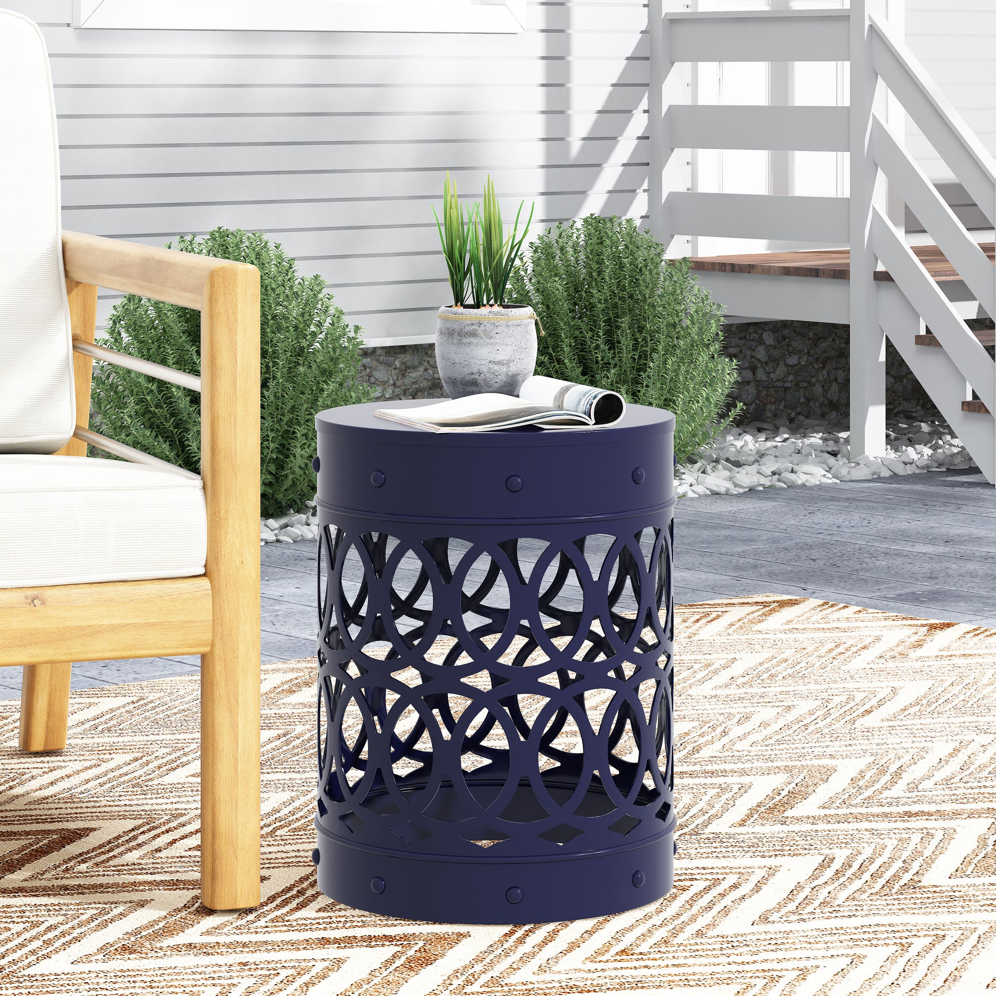 Outdoor Metal End Table Large Navy Blue Iron