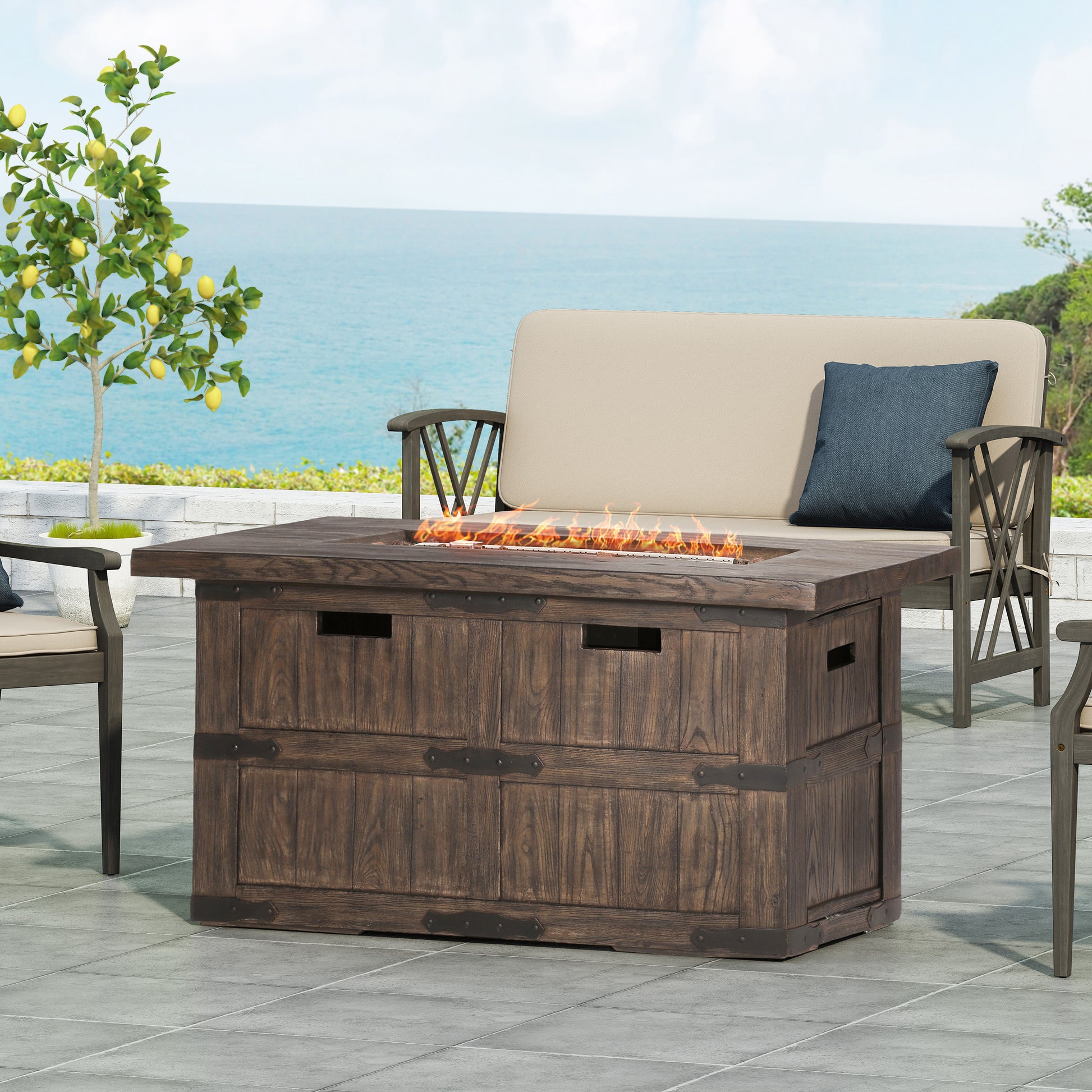 Andrew Rectangle Fire Pit 40,000 Btu Tank Inside Brown Magnesium Oxide