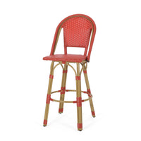29.5" Outdoor Pe Rattan And Aluminum French Barstools, Set Of 2, Red And Bamboo Finish No Red Rust Resistant Frame Garden & Outdoor French 2 Person Seating Group Aluminum,Wicker