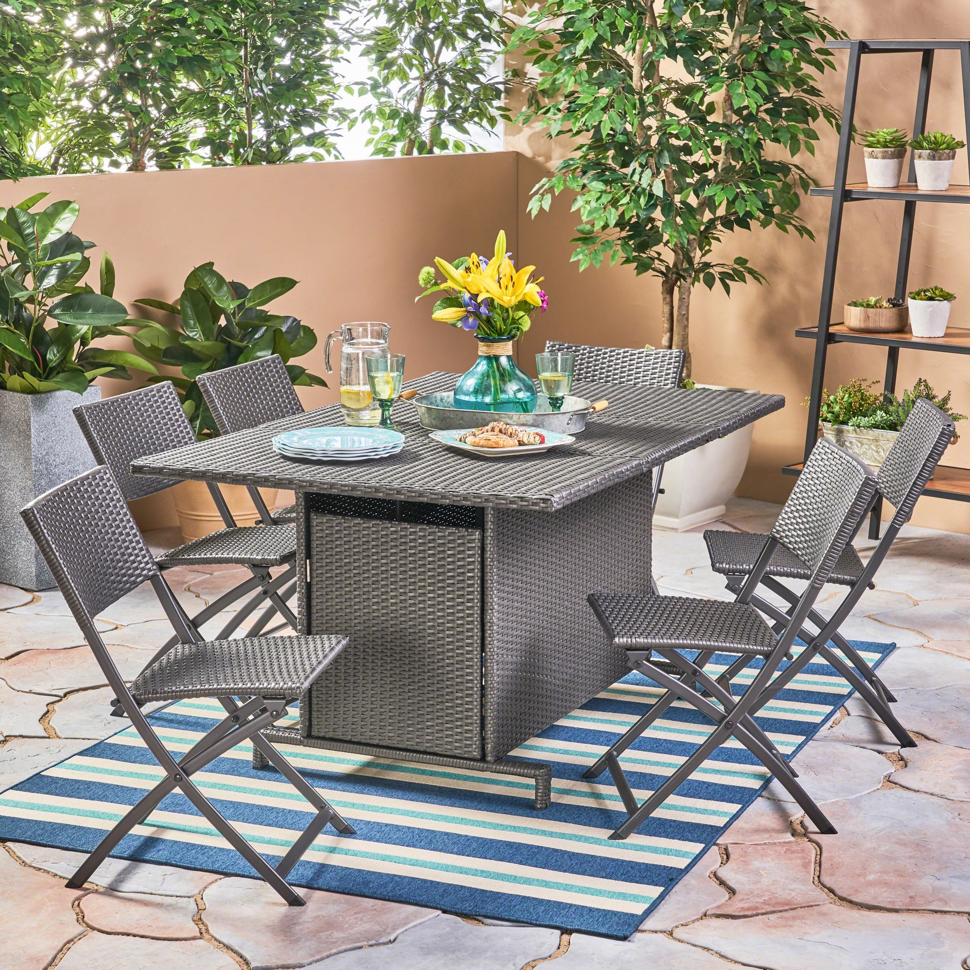 Maldives Aluminum Foldable Dining Set Grey Pe Rattan Iron