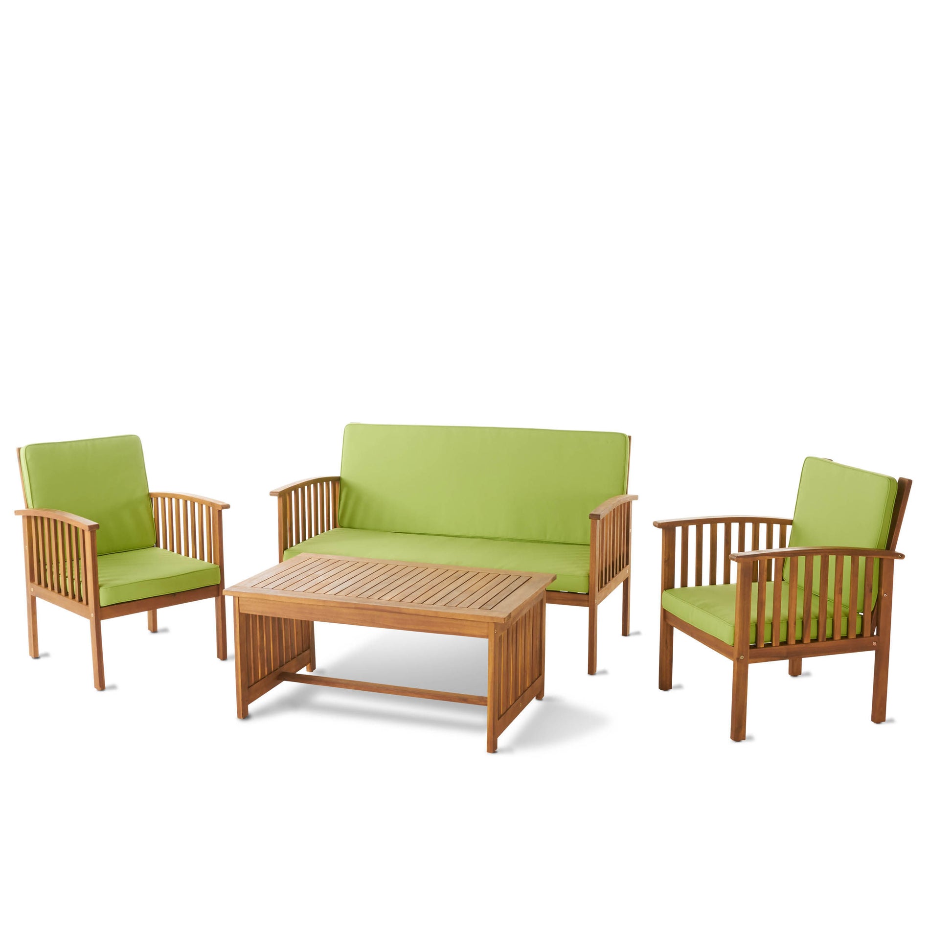 Outdoor Acacia Wood Sofa Set With Water Resistant Cushions, 4 Pcs Set, Brown Patina Light Green Light Green Acacia Wood