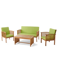 Outdoor Acacia Wood Sofa Set With Water Resistant Cushions, 4 Pcs Set, Brown Patina Light Green Light Green Acacia Wood