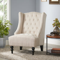 Hi Back Club Chair Light Beige Wood Fabric
