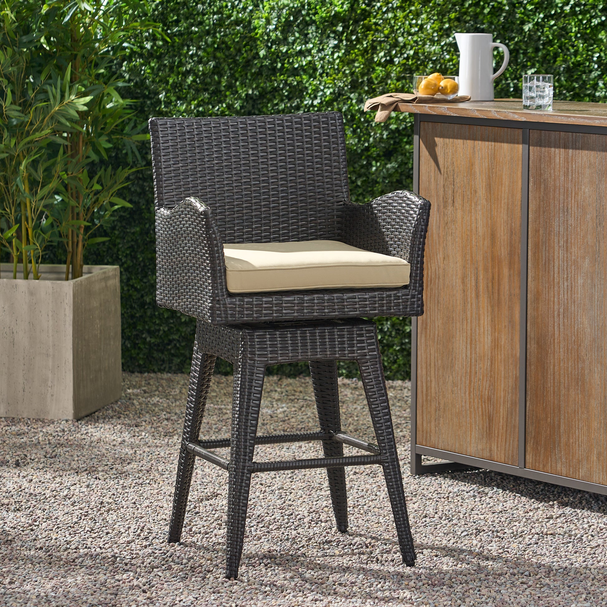 Modern Outdoor Multi Brown Wicker Swivel Barstool With Tapered Legs, 1 Piece Yes Brown Multi Weather Resistant Frame Garden & Outdoor Pe Rattan Iron Waterproof Fabric