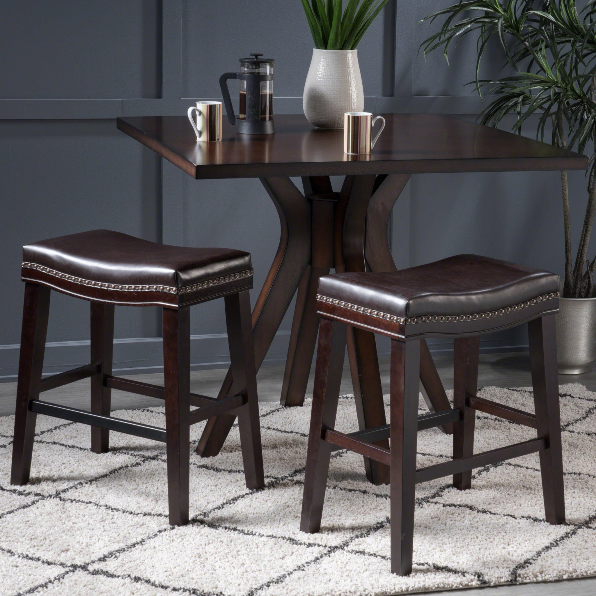 26" Contemporary Upholstered Saddle Counter Stool With Trim Set Of 2 , Dark Brown Dark Brown Pu