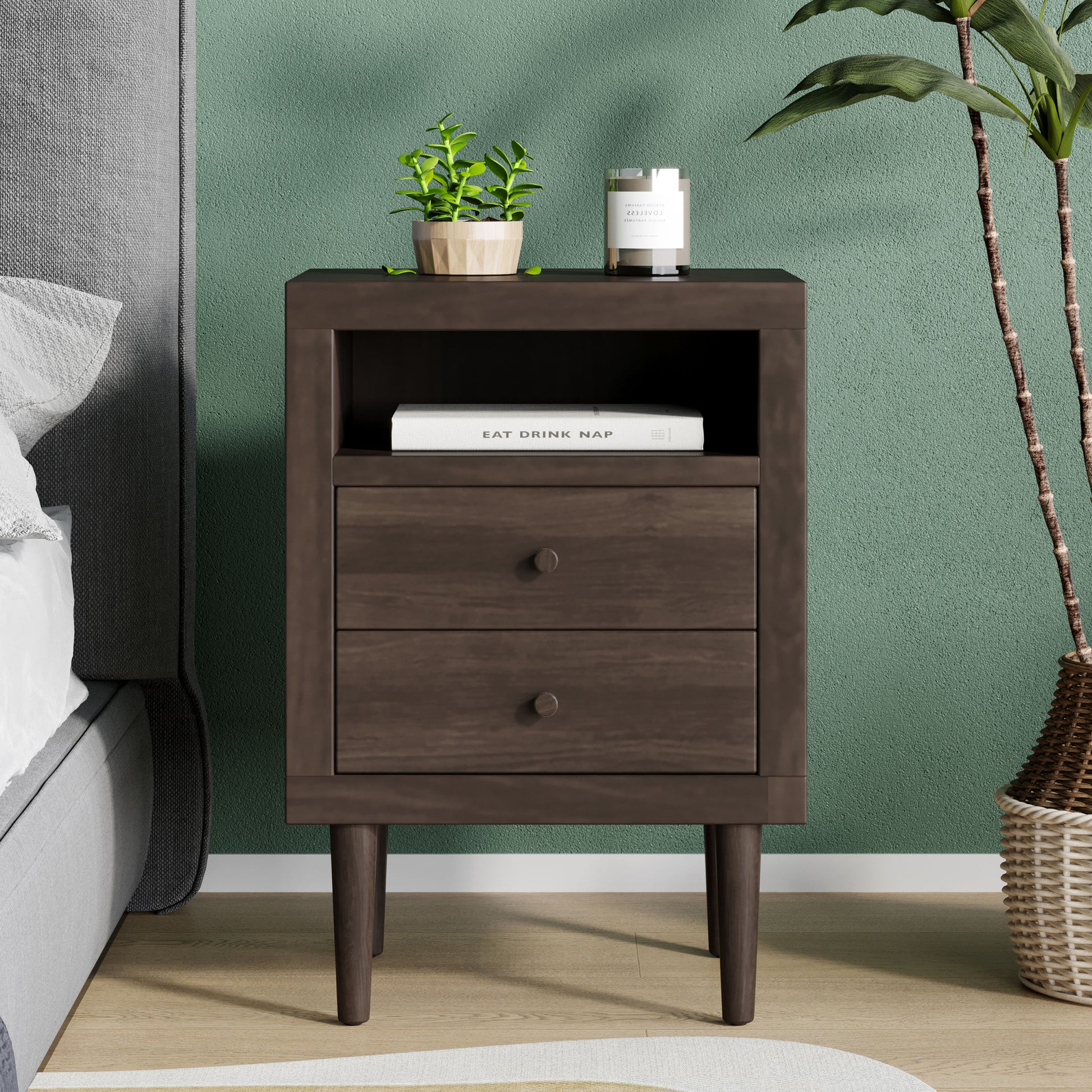 2 Drawer Nightstand Walnut Mdf