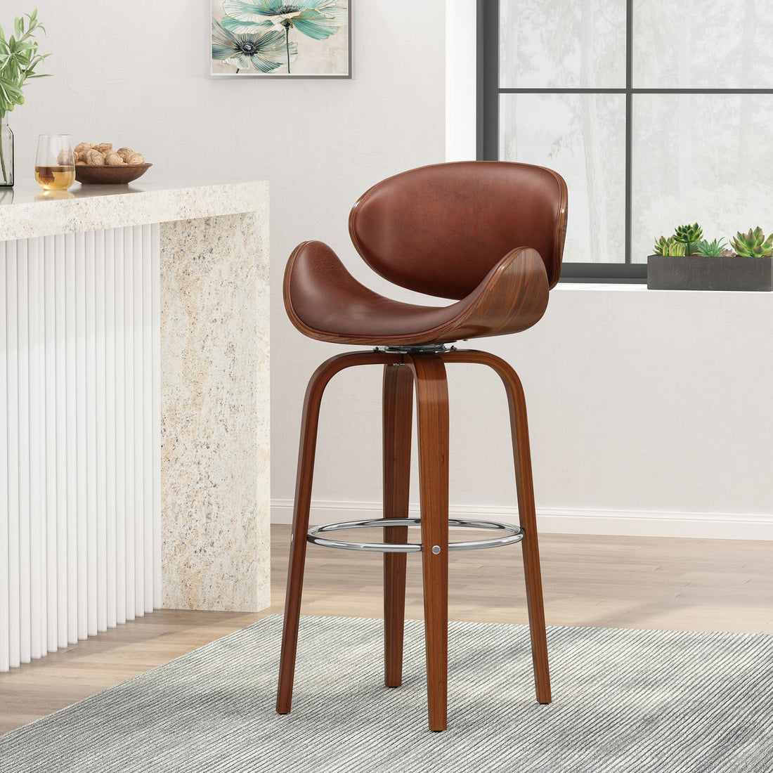 30" Mid Century Modern Upholstered Swivel Barstool, Walnut Cognac Brown Pu