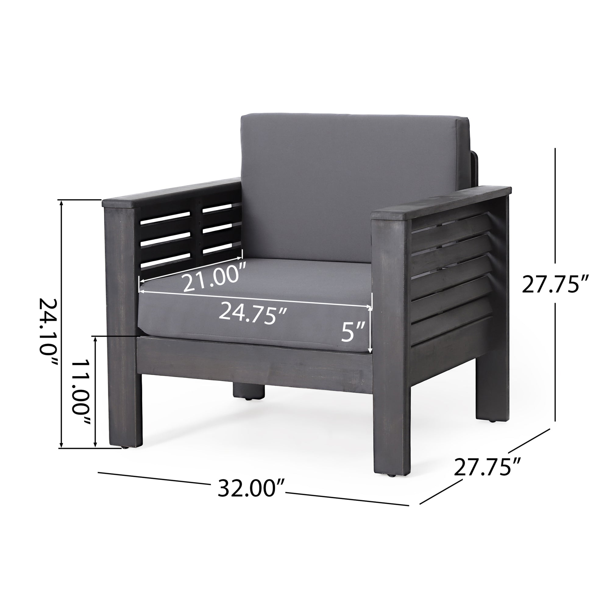 Outdoor Acacia Wood Club Chairs With Cushions, Dark Gray, 27.75"D X 32"W X 27.75"H Yes Grey Foam Acacia Wood