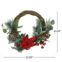 23.5" Poinsettia Berry Eucalyptus Half Wreath Green Leaves Polyester