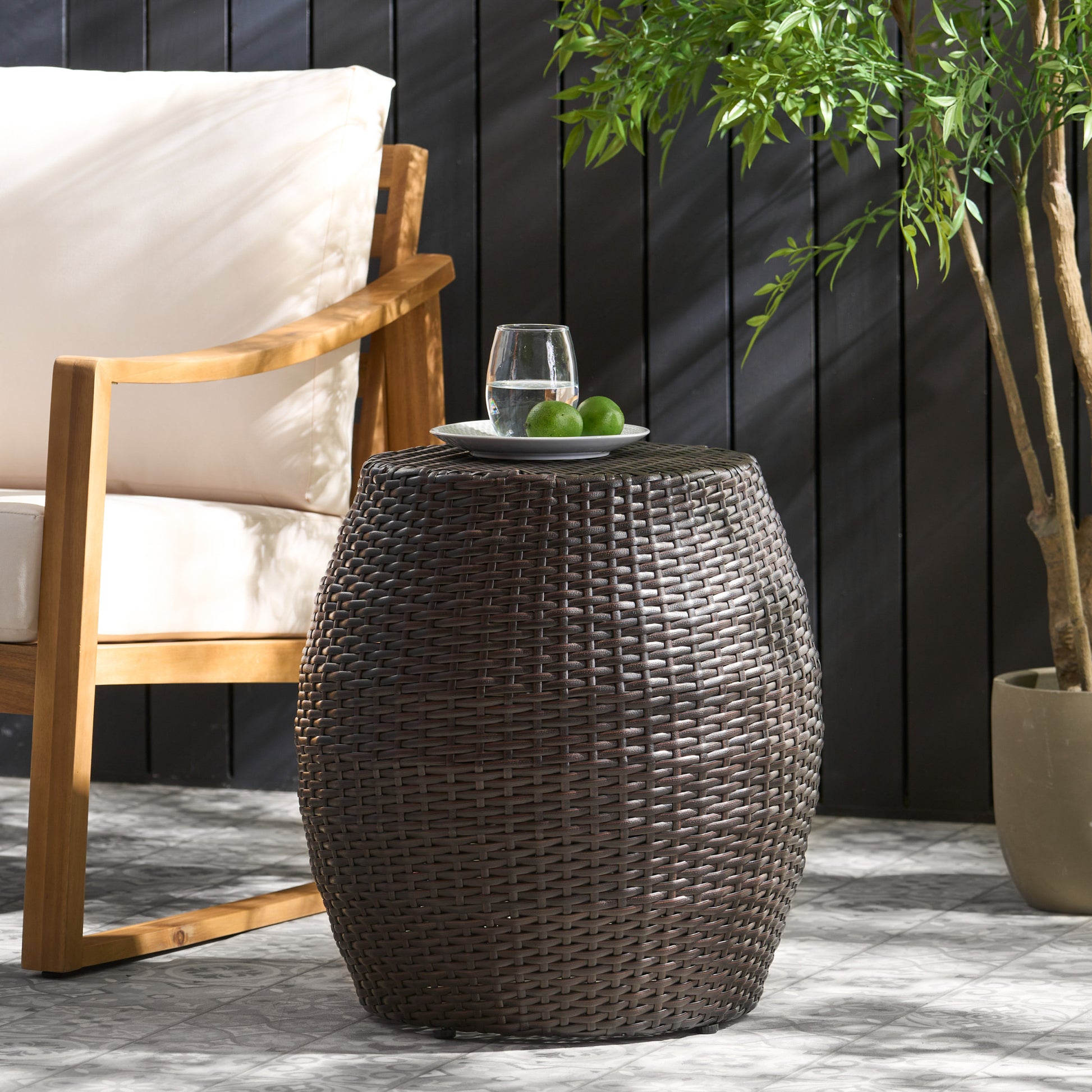 Outdoor Wicker 14.00" Patio Side Table Brown Multi Rattan