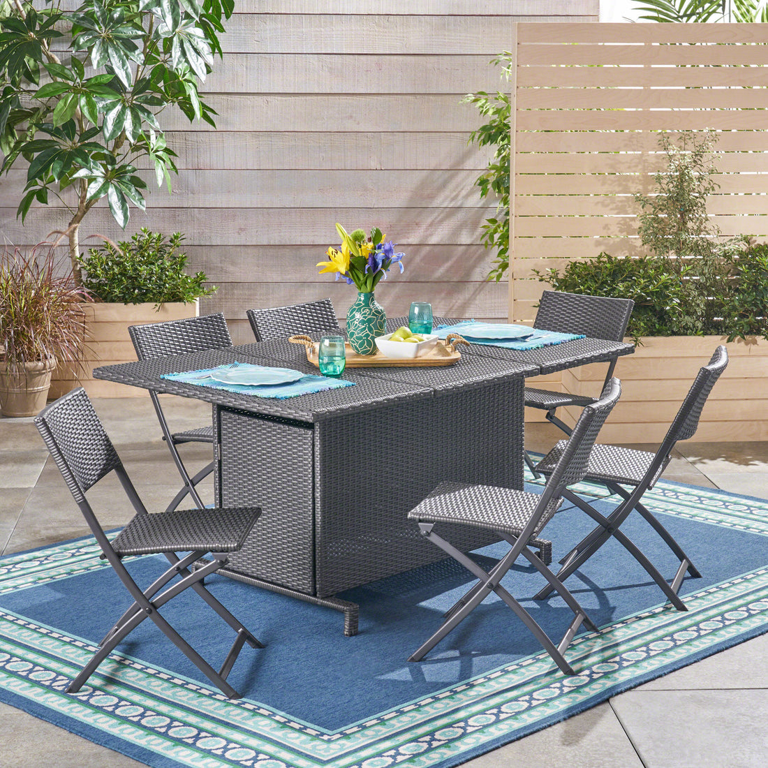 Maldives Aluminum Foldable Dining Set Grey Pe Rattan Iron